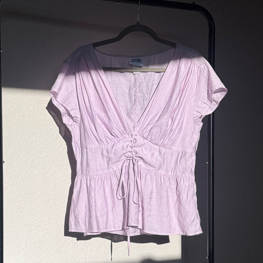 Lavender V Neck Blouse with Ruched Detail